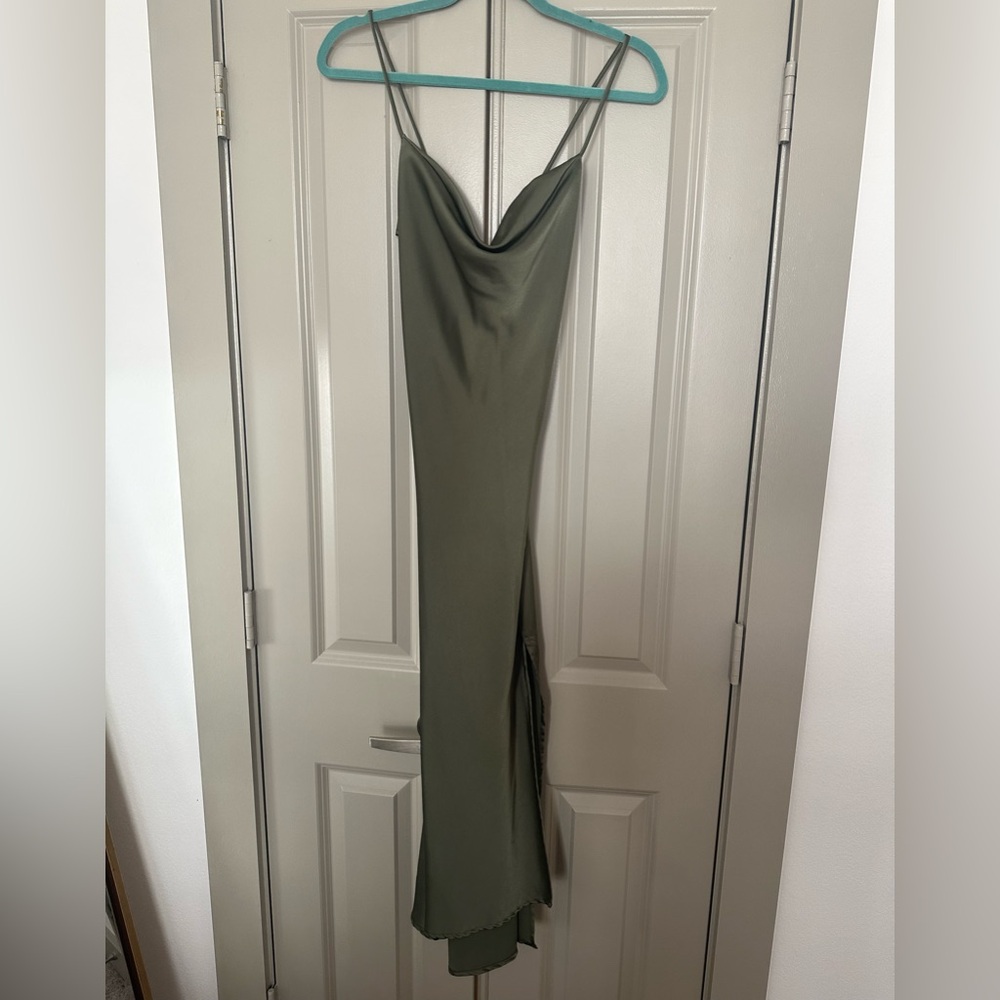 ASTR The Label Olive Green Satin Gaia Midi Dress